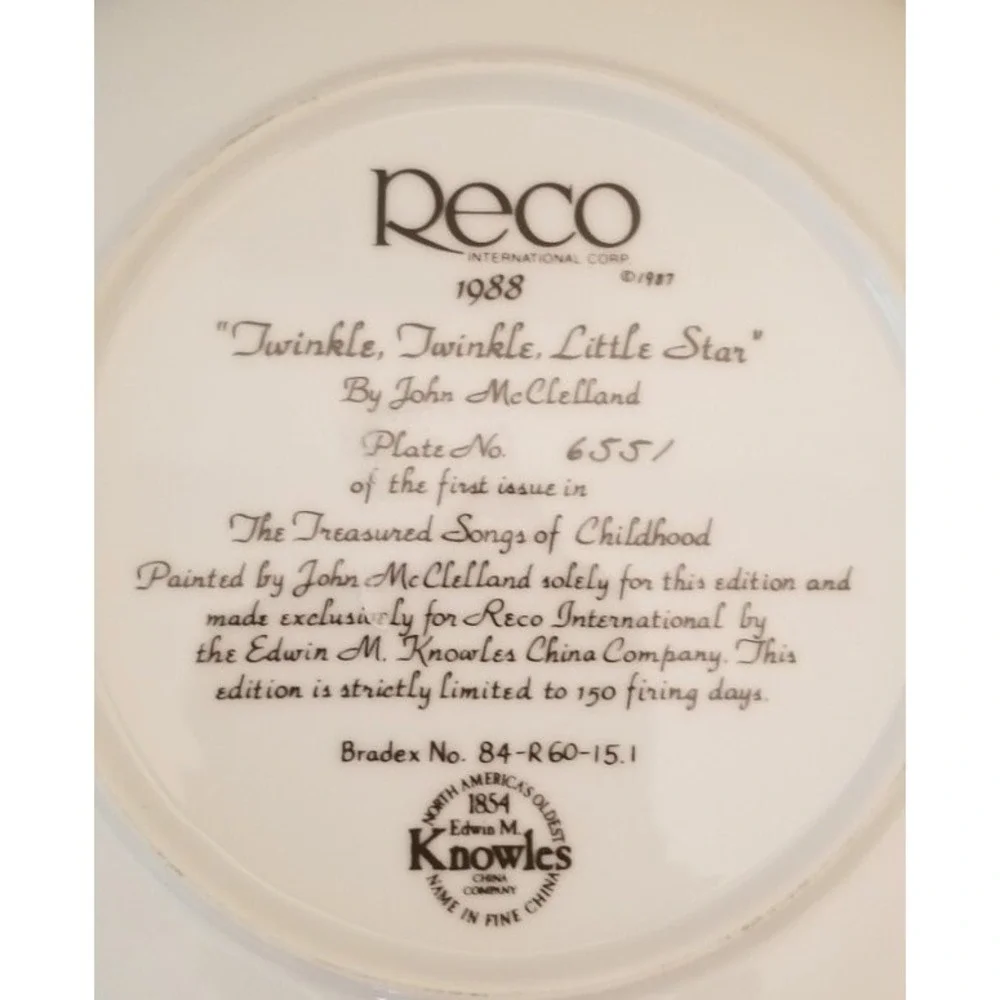 Vintage Reco/Knowles Twinkle Little Star Collector's Plate With COA Mint 1988